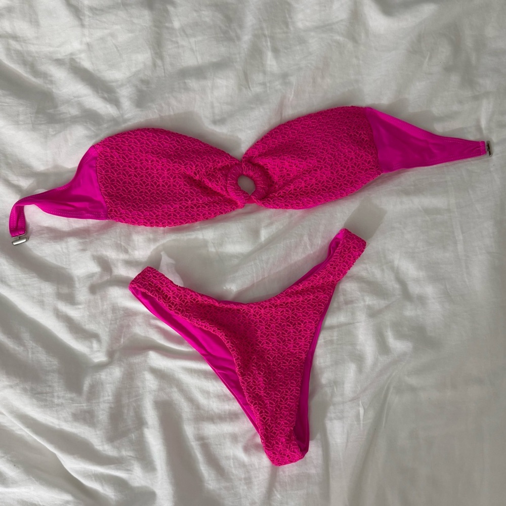 SHEIN Hot Pink Textured Ring Bandeau Bikini Set
